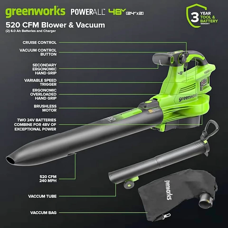 Greenworks 48V (24V x 2) 3-in-1 Brushless Blower Vacuum Mulcher