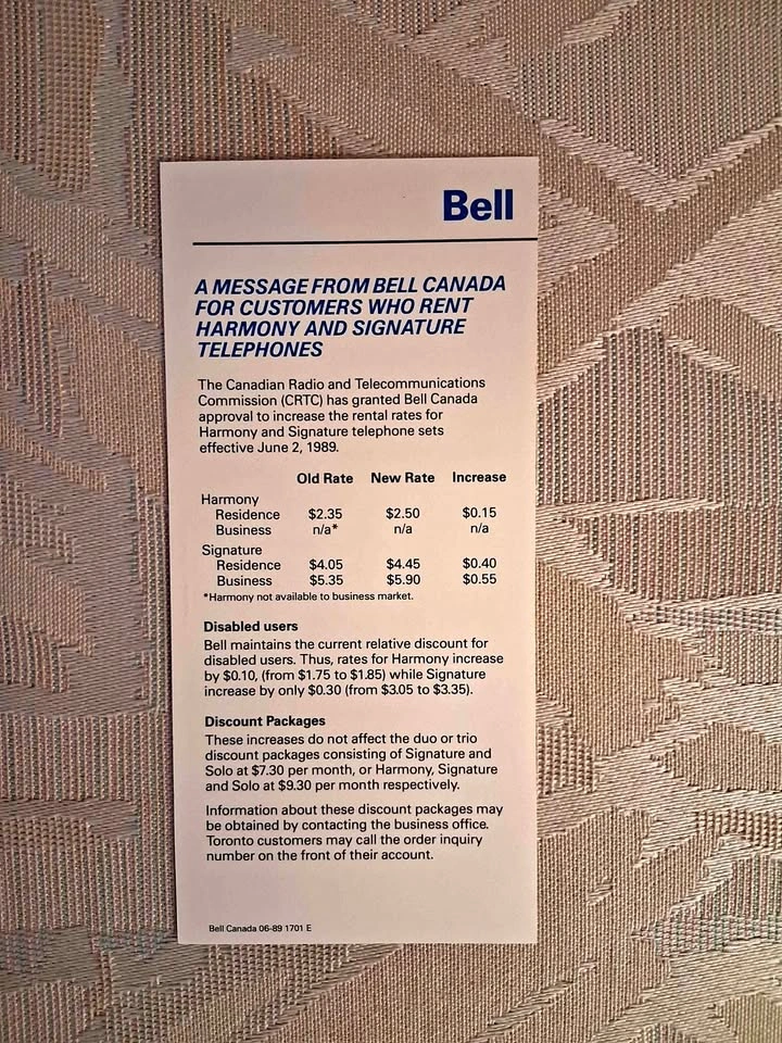 Vintage 1989 Bell Canada Rate Increase Notice - Historical Paper