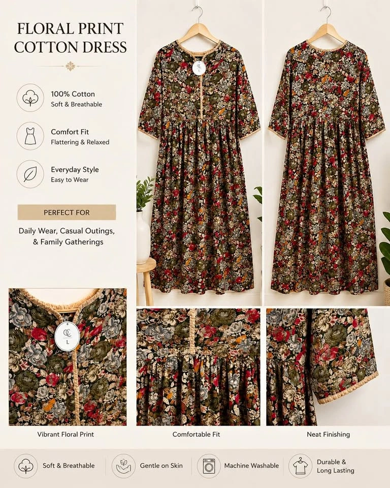 WOMEN Floral Print Cotton Dress L