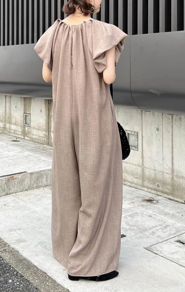 Gathered Neck Wide-Leg Jumpsuit / Taupe - photo 5