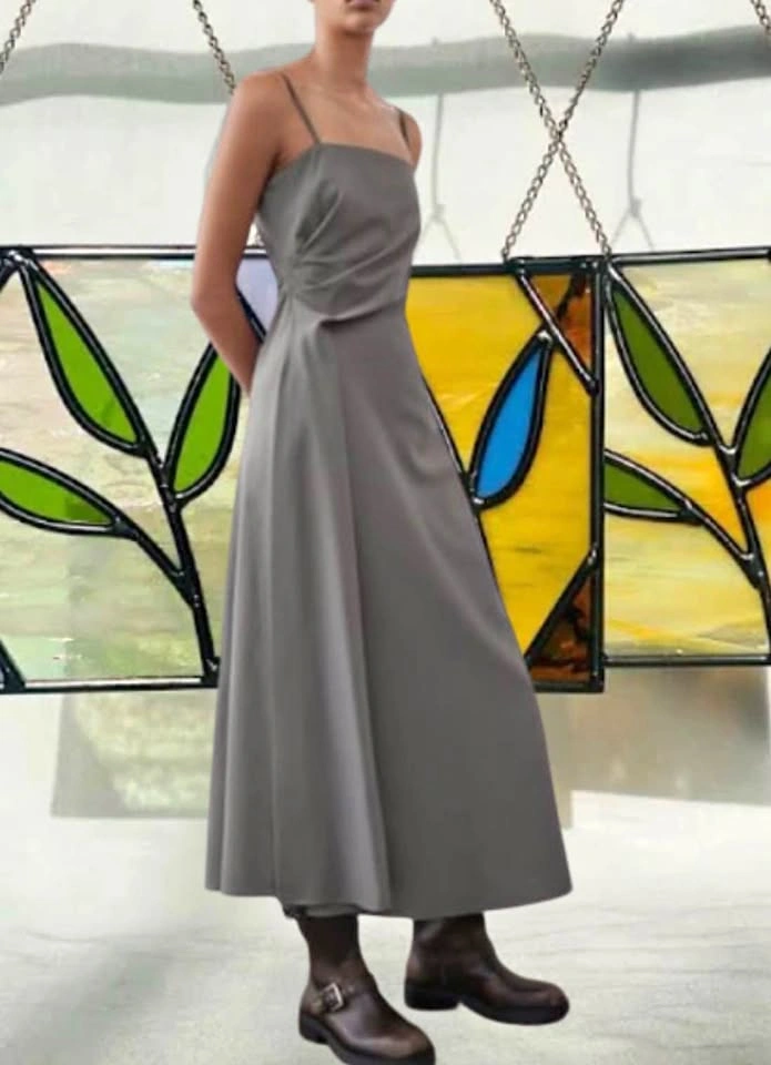Zara Gathered Waist Midi Dress – Gray