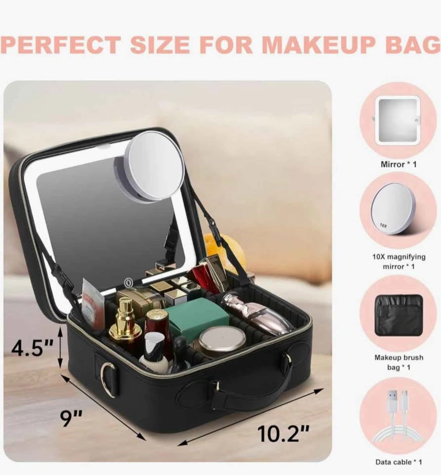 Travel Makeup Bag with LED Lighted Mirror, Black - photo 3