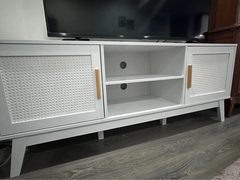Costway TV Stand – Like New! White Rattan Media Console - photo 2