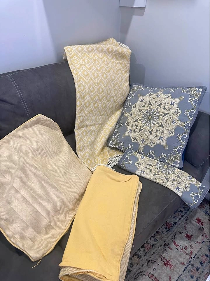Boho Chic Throw Pillow Covers + Blanket– Yellow & Grey
