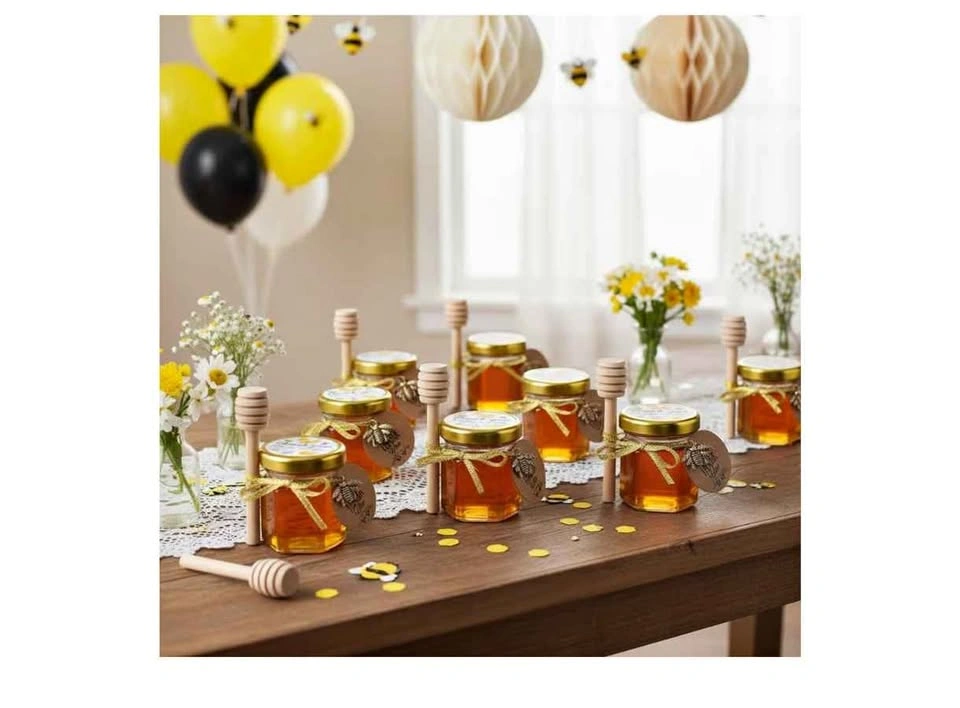 Mini 1.5oz Honey Jars with Dipper, Bee Charms, Ribbons, 60 Pack