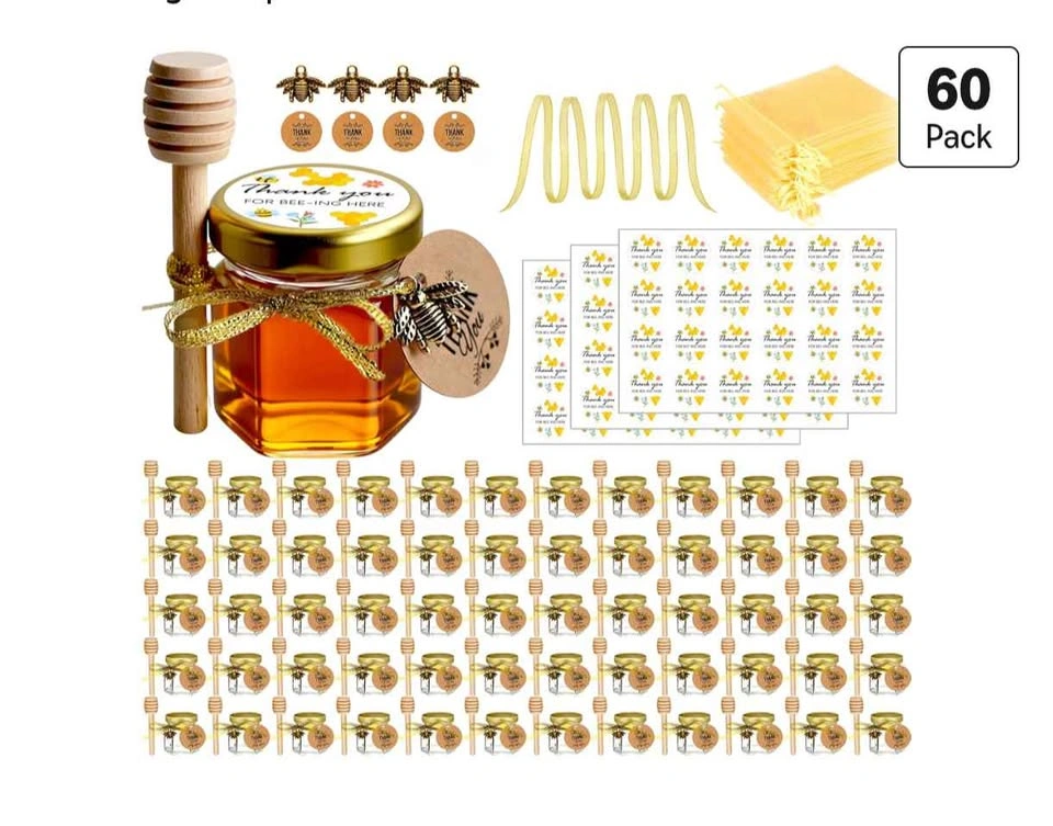 Mini 1.5oz Honey Jars with Dipper, Bee Charms, Ribbons, 60 Pack - photo 2