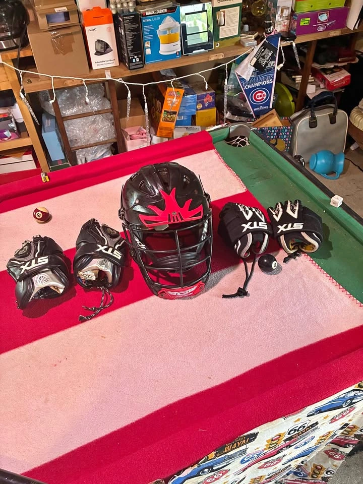Lacrosse helmet and gloves