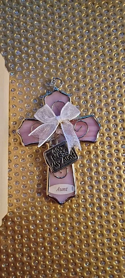 God Bless My Aunt Cross Hanging Glass Pendant New w Box