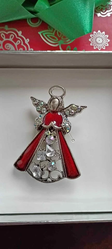 Vintage Rhinestone Angel Brooch Holiday Crimson W Box Costume