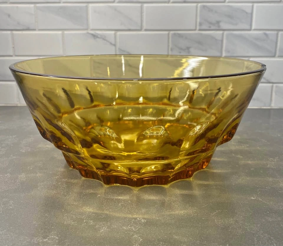 Vintage Heavy Amber Glass Serving Bowl With Thumbprint Pattern