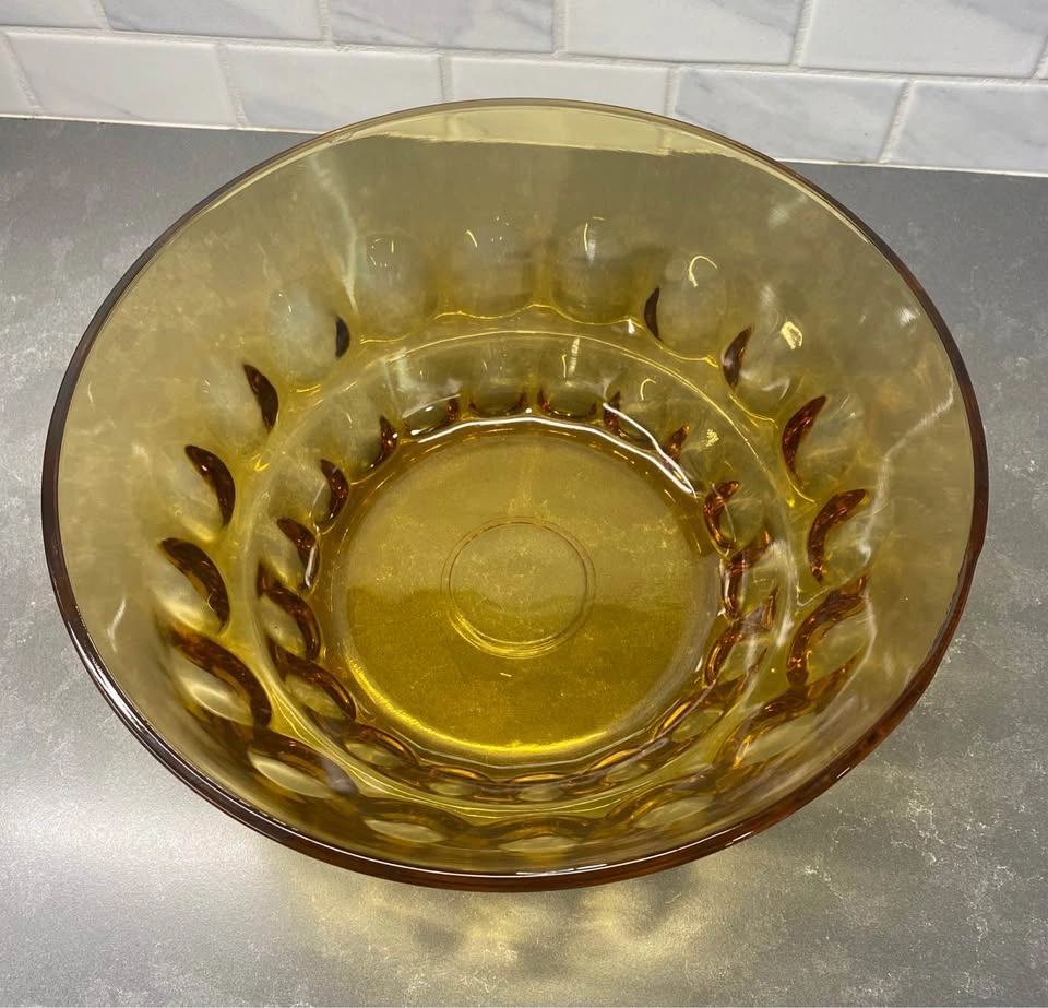 Vintage Heavy Amber Glass Serving Bowl With Thumbprint Pattern - photo 2