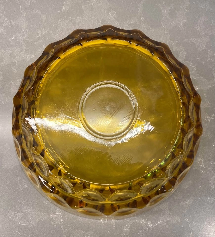 Vintage Heavy Amber Glass Serving Bowl With Thumbprint Pattern - photo 3
