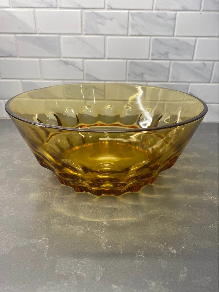 Vintage Heavy Amber Glass Serving Bowl With Thumbprint Pattern - photo 4