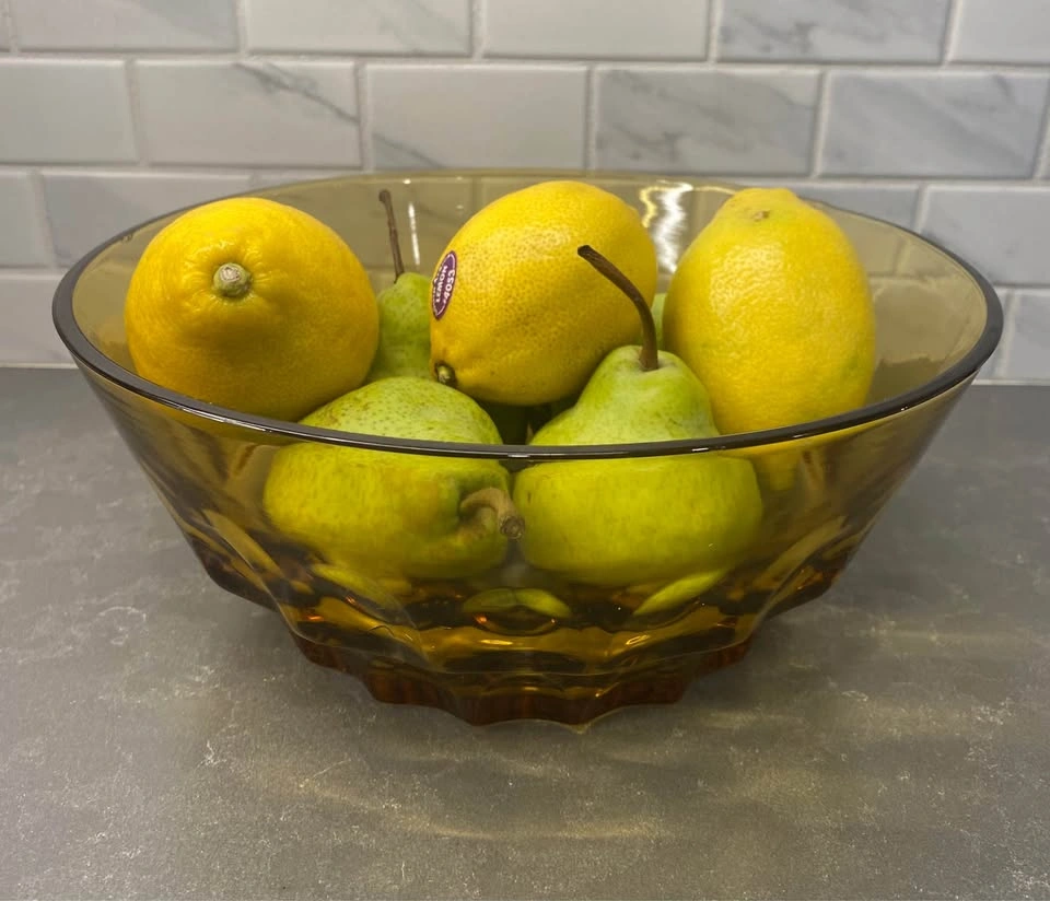 Vintage Heavy Amber Glass Serving Bowl With Thumbprint Pattern - photo 5