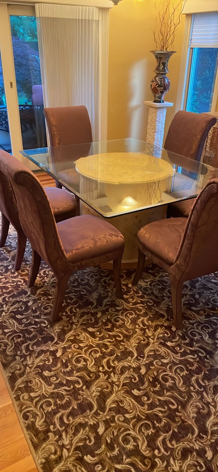 Dining Room: Glass Table, Burl Wood Base, 6 Fabric Chairs