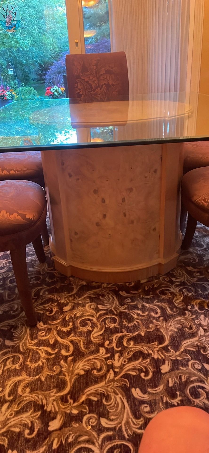Dining Room: Glass Table, Burl Wood Base, 6 Fabric Chairs - photo 2