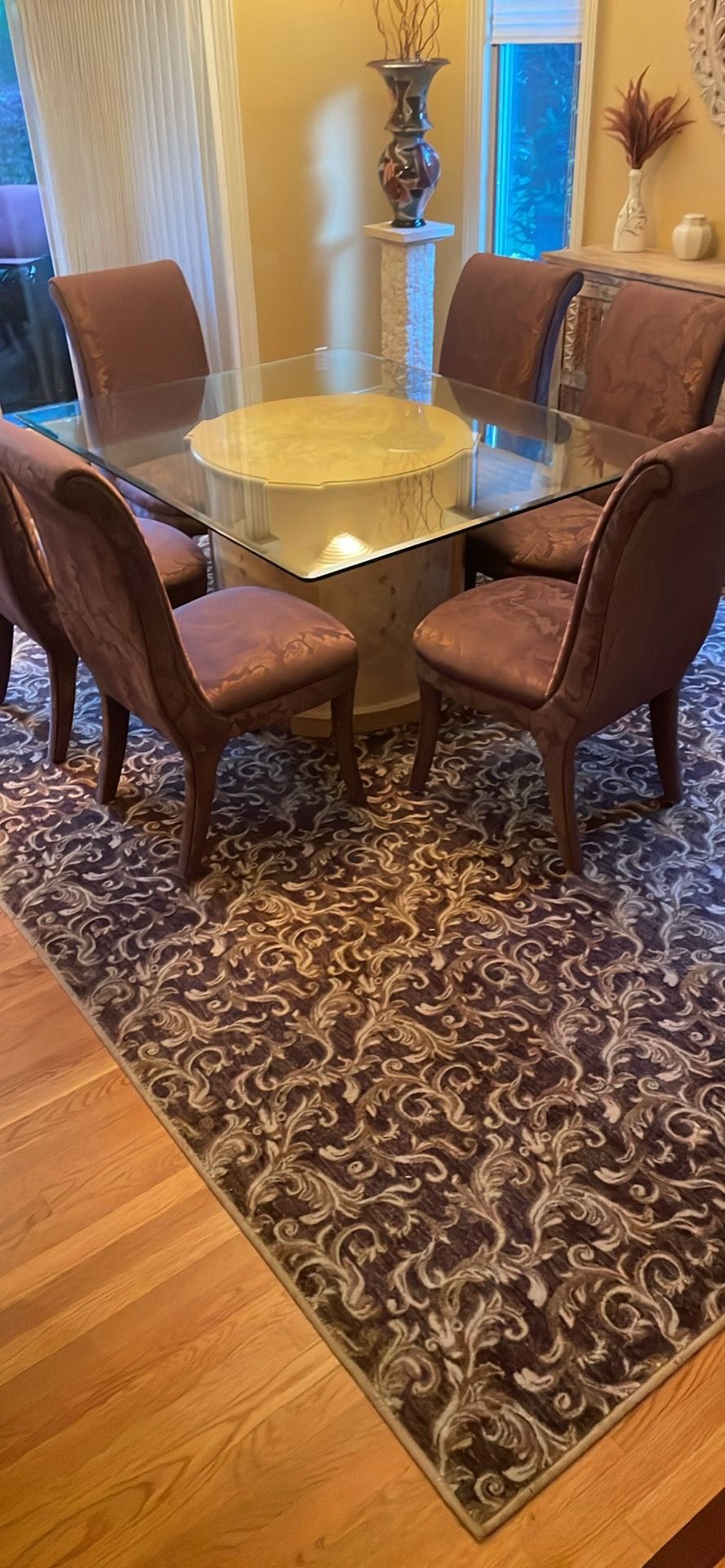 Dining Room: Glass Table, Burl Wood Base, 6 Fabric Chairs - photo 5