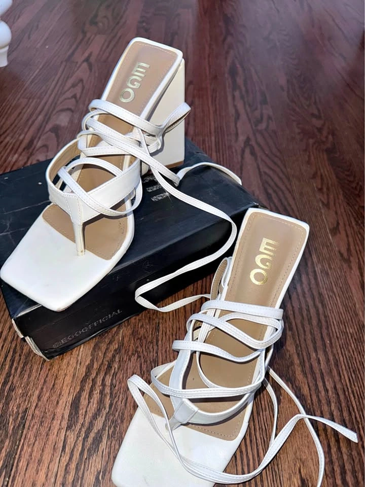 EGO White Lace-Up Block Heel Sandals
