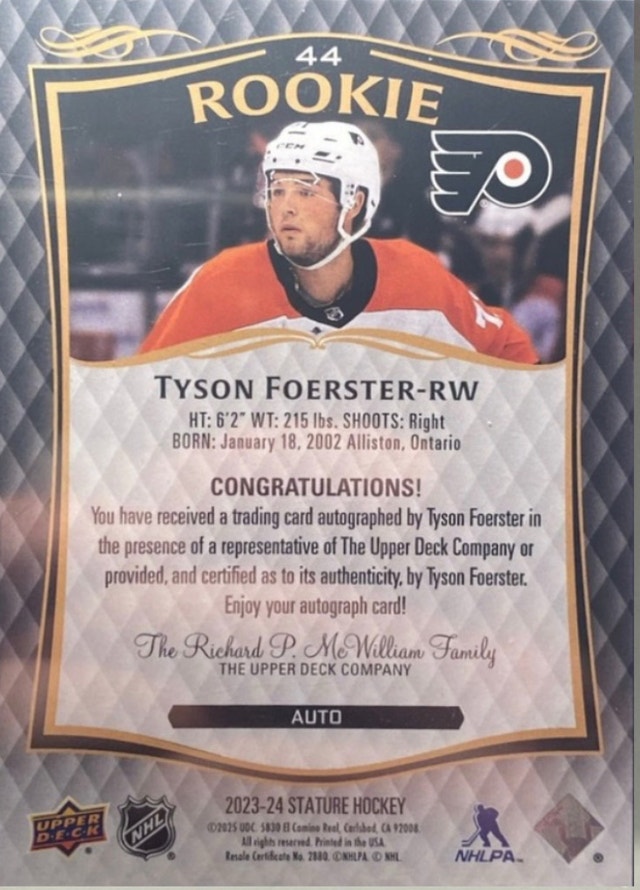 Tyson Foerster - Rookie Auto - 2023-24 UD Stature - photo 3