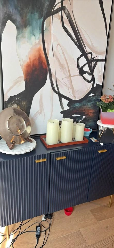 Navy Blue Fluted Sideboard with Gold Hardware