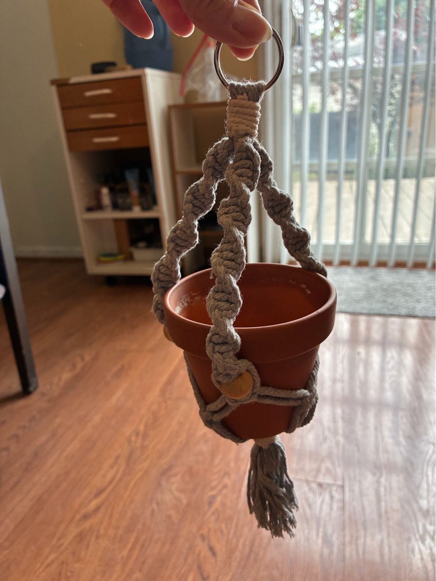 Gray Macrame Plant Holder with Terra Cotta Pot