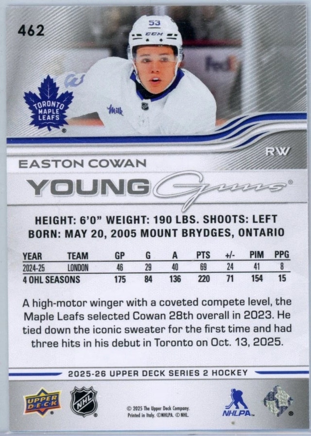 EASTON COWAN YOUNG GUNS #462 - 2025-26 UPPER DECK SERIES 2 - photo 2