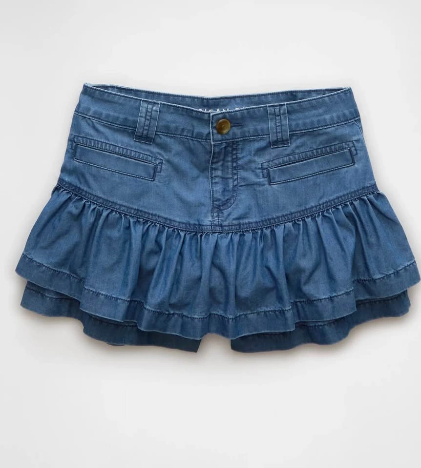 American Eagle Stretch Mini Denim Ruffle Skort Skirt 14 - photo 3