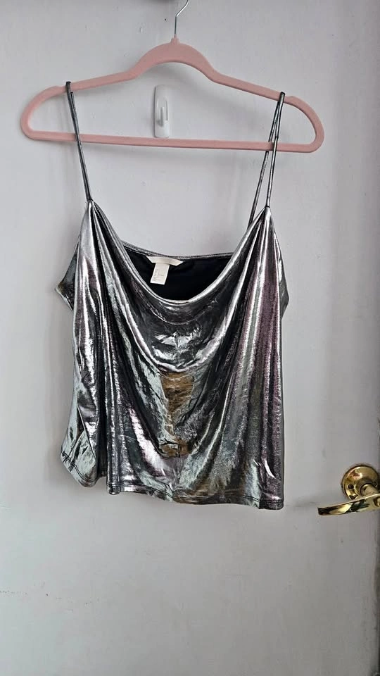Silver Metallic Tank Top, Cowl Neck