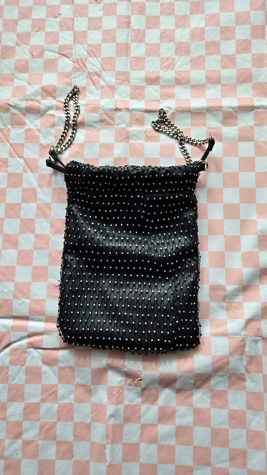 jeweled mesh and pleather sack bag