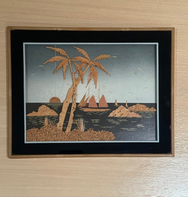 Vintage Cork and Wood Tropical Seascape Art