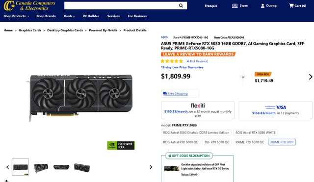 ASUS Prime GeForce RTX 5080 16GB GDDR7 Graphic card