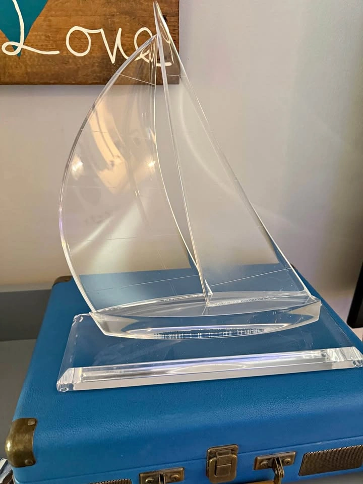 Vintage Reggie Larson Lucite Acrylic sailboat sculpture, signed