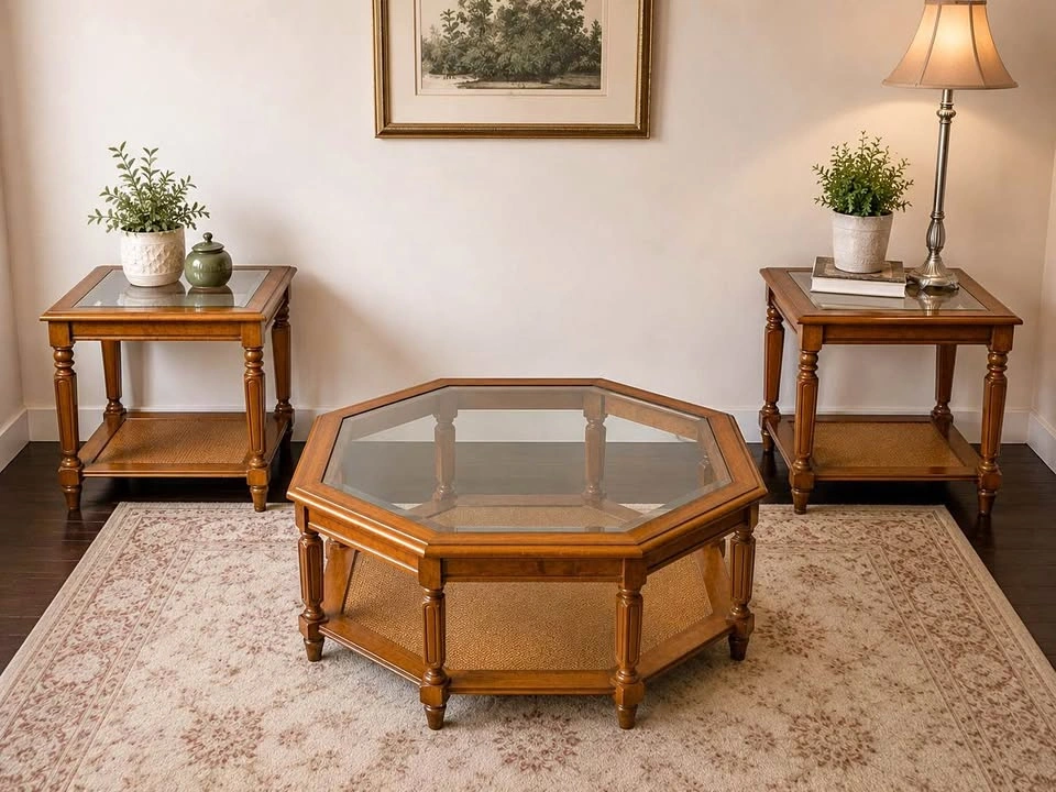 Vintage Pecan Wood 3pc Coffee Table Set Glass Top End Tables