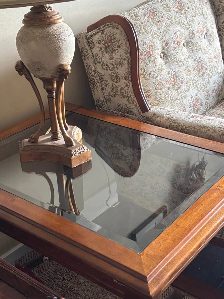 Vintage Pecan Wood 3pc Coffee Table Set Glass Top End Tables - photo 3