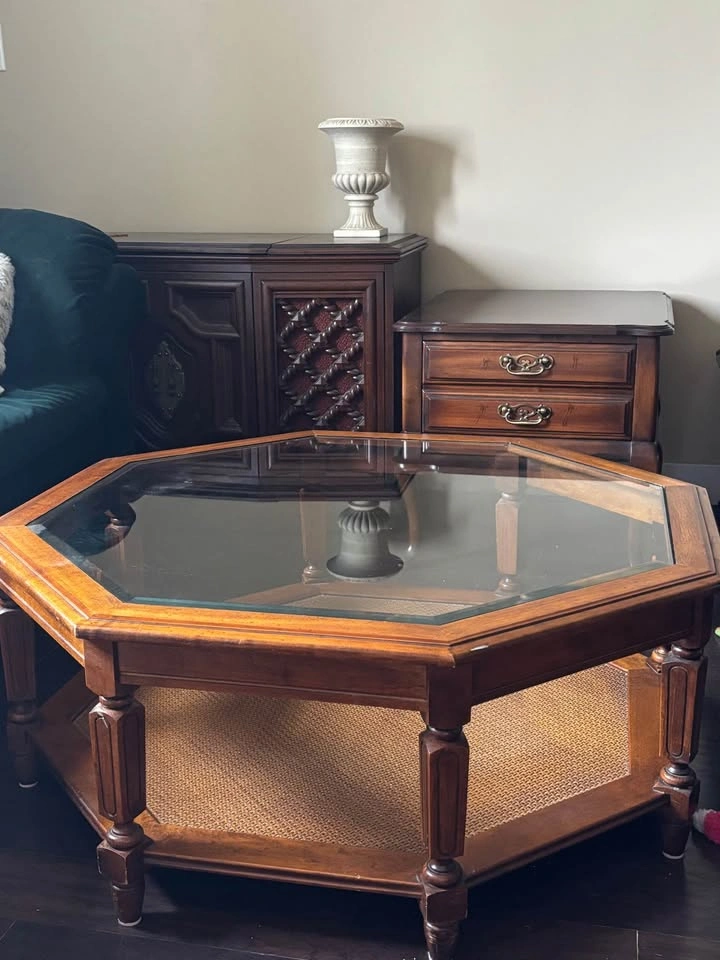 Vintage Pecan Wood 3pc Coffee Table Set Glass Top End Tables - photo 5