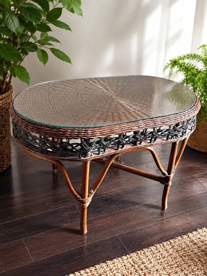 Vintage Bamboo/Rattan Glass Top Coffee Table Oval - Stamped MI-5