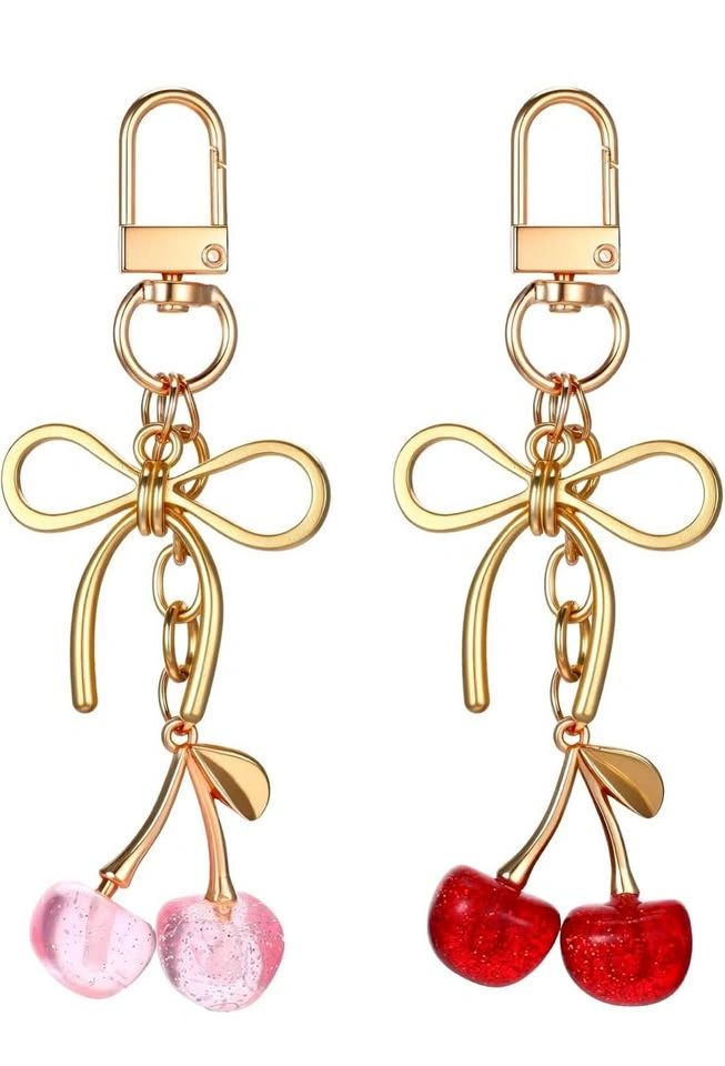 🍒 Cherry Blossom Bow Keychain — Gold‑Tone Edition