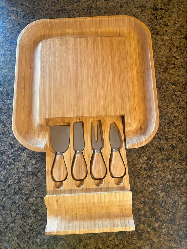 Cheese serving board with knife storage drawer & utensils