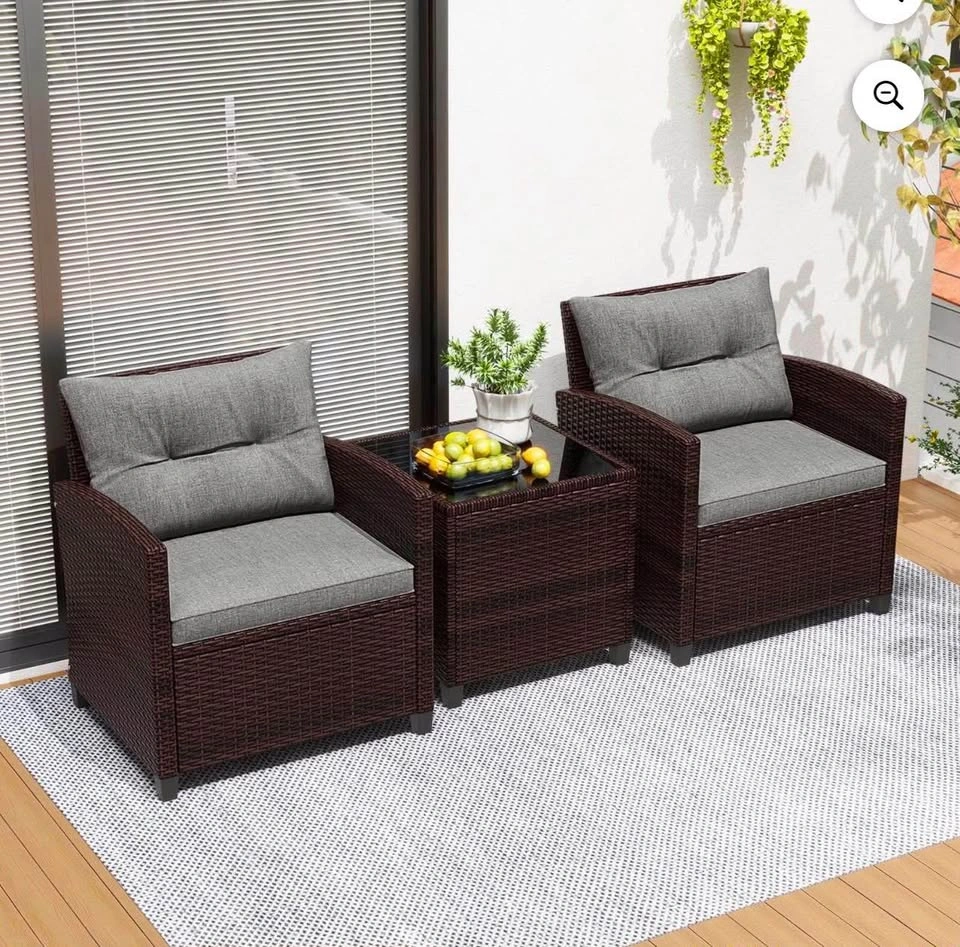 NEW Costway 3-Piece Patio Rattan Furniture Set w/ Cushions – Gra