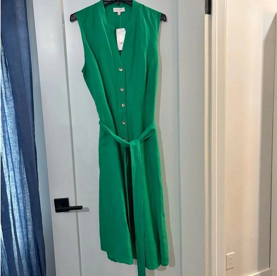 Linen Blend Sleeveless Green Button-Front Belted Midi Dress