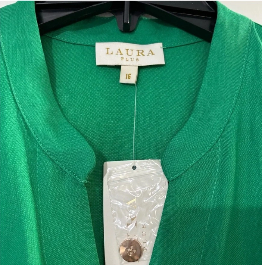 Linen Blend Sleeveless Green Button-Front Belted Midi Dress - photo 2