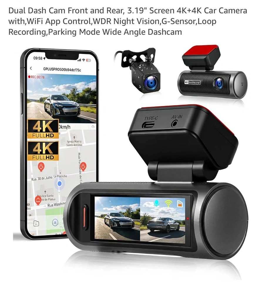 4K Dual Dash Cam Front and Rear, 3.19" Screen with WiFi