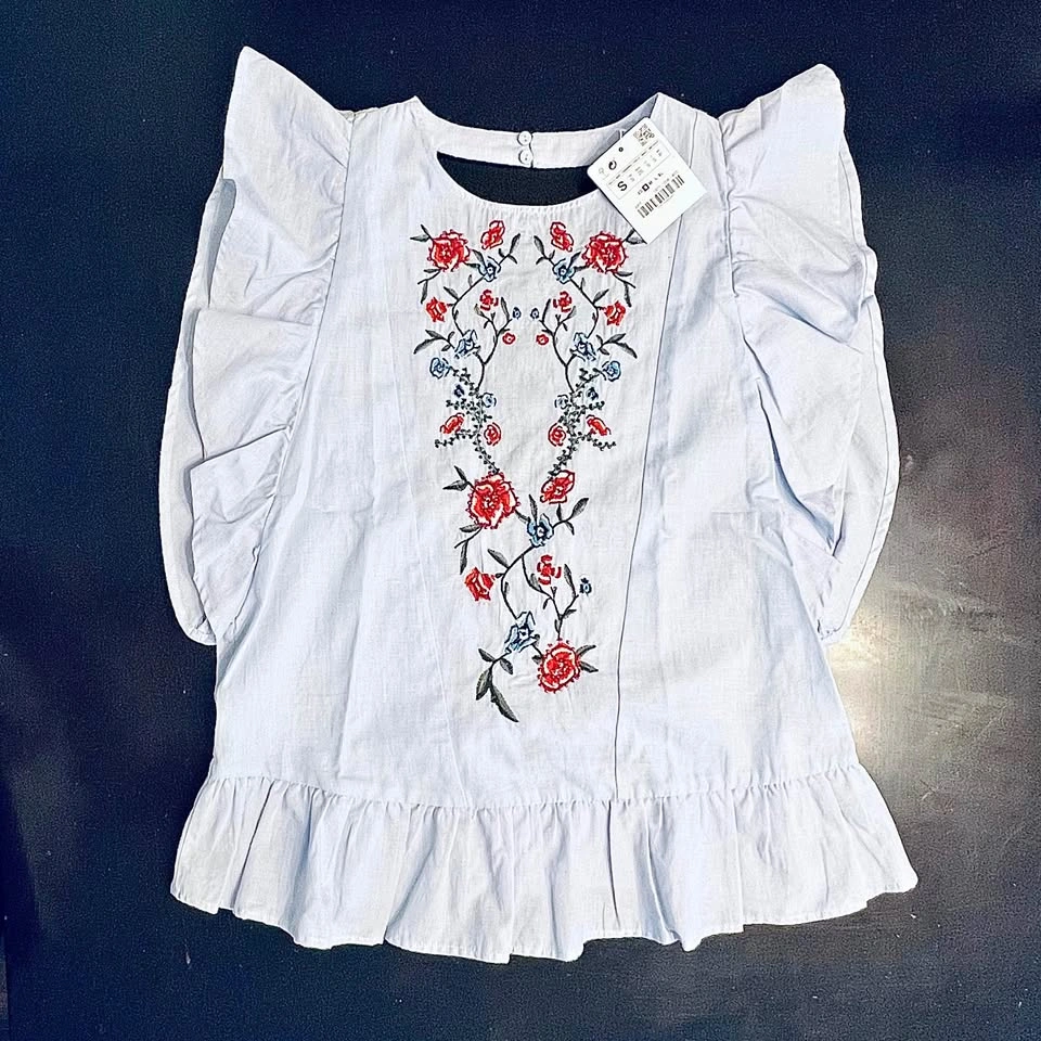 Zara Light Blue Beaded Floral Embroidery Ruffle Blouse Size S
