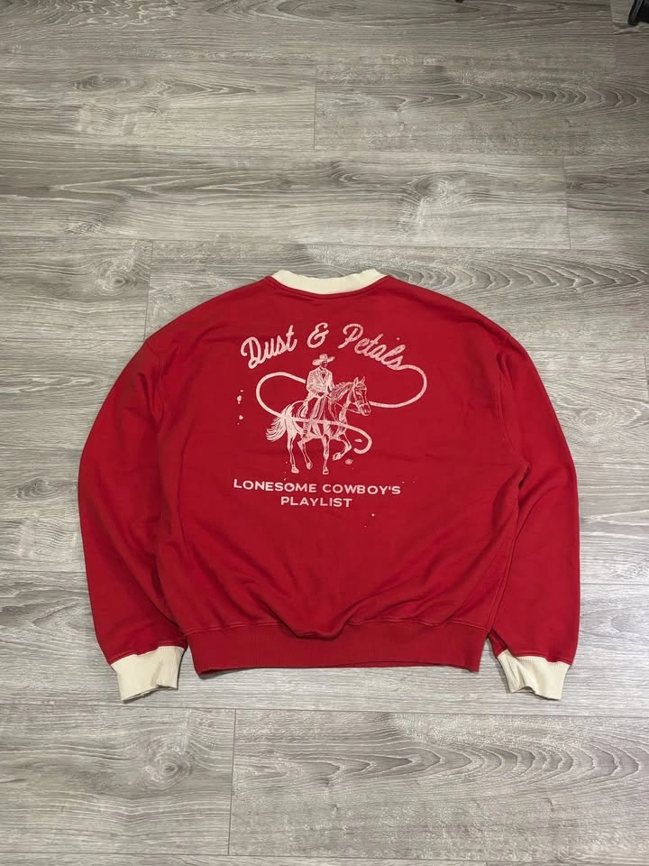 Zara Distressed Red Western Crewneck