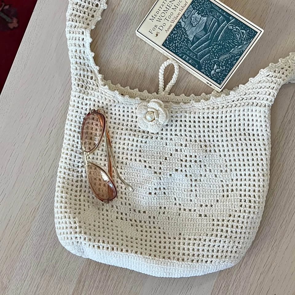 Cream Crochet Shoulder Bag with Floral Button