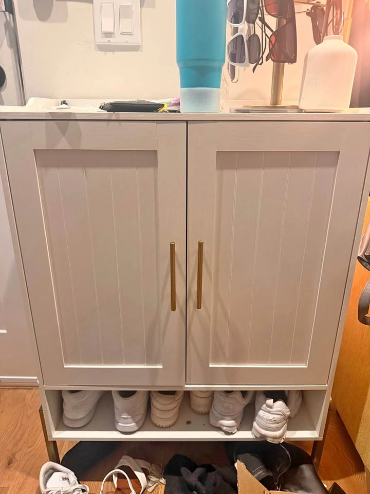White Shoe Storage Cabinet with Gold Handles