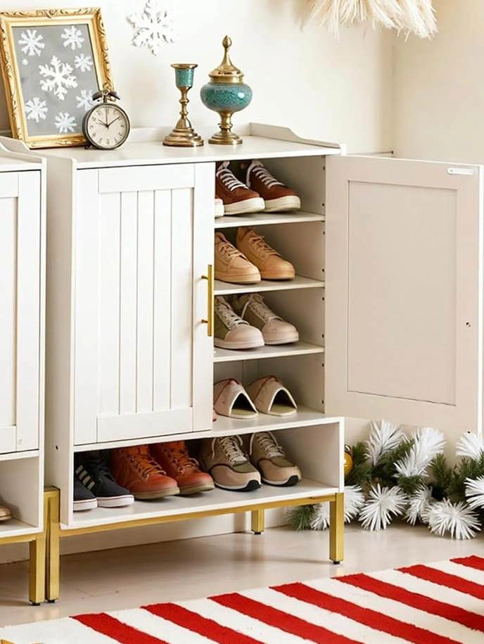 White Shoe Storage Cabinet with Gold Handles - photo 3