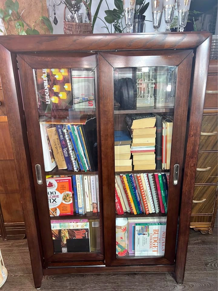 Vintage Rosewood Veneer Bookcase with Sliding Glass Doors