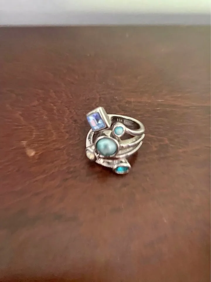 Lia Sophia Multi-Band Ring with Blue and Green Stones