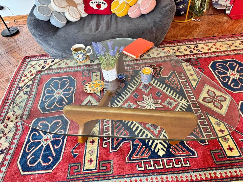 Triangle Glass Coffee Table with Wooden Base